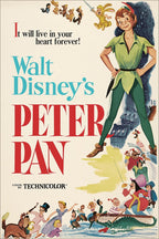 Peter Pan poster features vintage Disney artwork with Peter above bold red title lettering, pirates, children, and a boat.