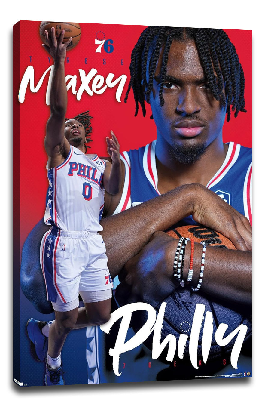 Tyrese Maxey canvas wall art print displays his portrait holding a basketball and a white-uniform jump-shot pose on red and blue.