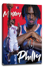 Tyrese Maxey canvas wall art print displays his portrait holding a basketball and a white-uniform jump-shot pose on red and blue.