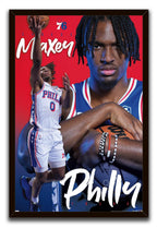 Tyrese Maxey framed wall art print pairs a blue jersey portrait with a white Philadelphia 76ers shooting pose and bold script lettering.