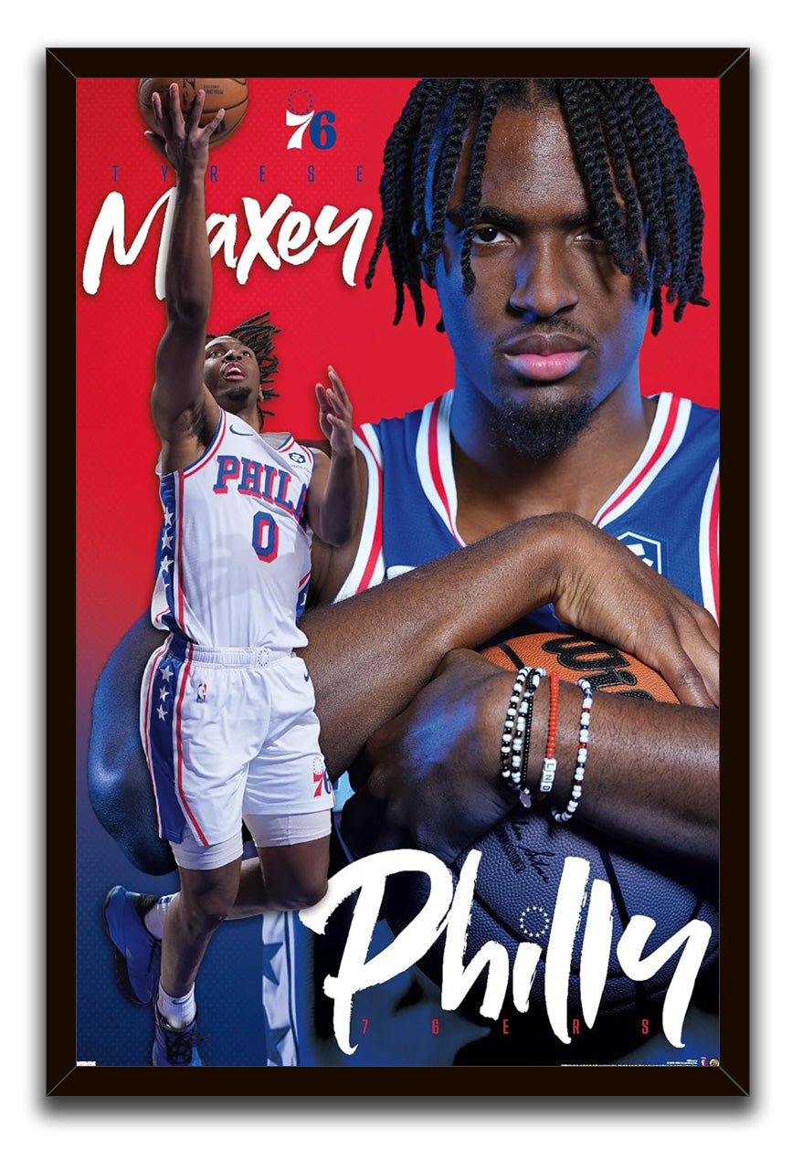 Tyrese Maxey framed wall art print pairs a blue jersey portrait with a white Philadelphia 76ers shooting pose and bold script lettering.