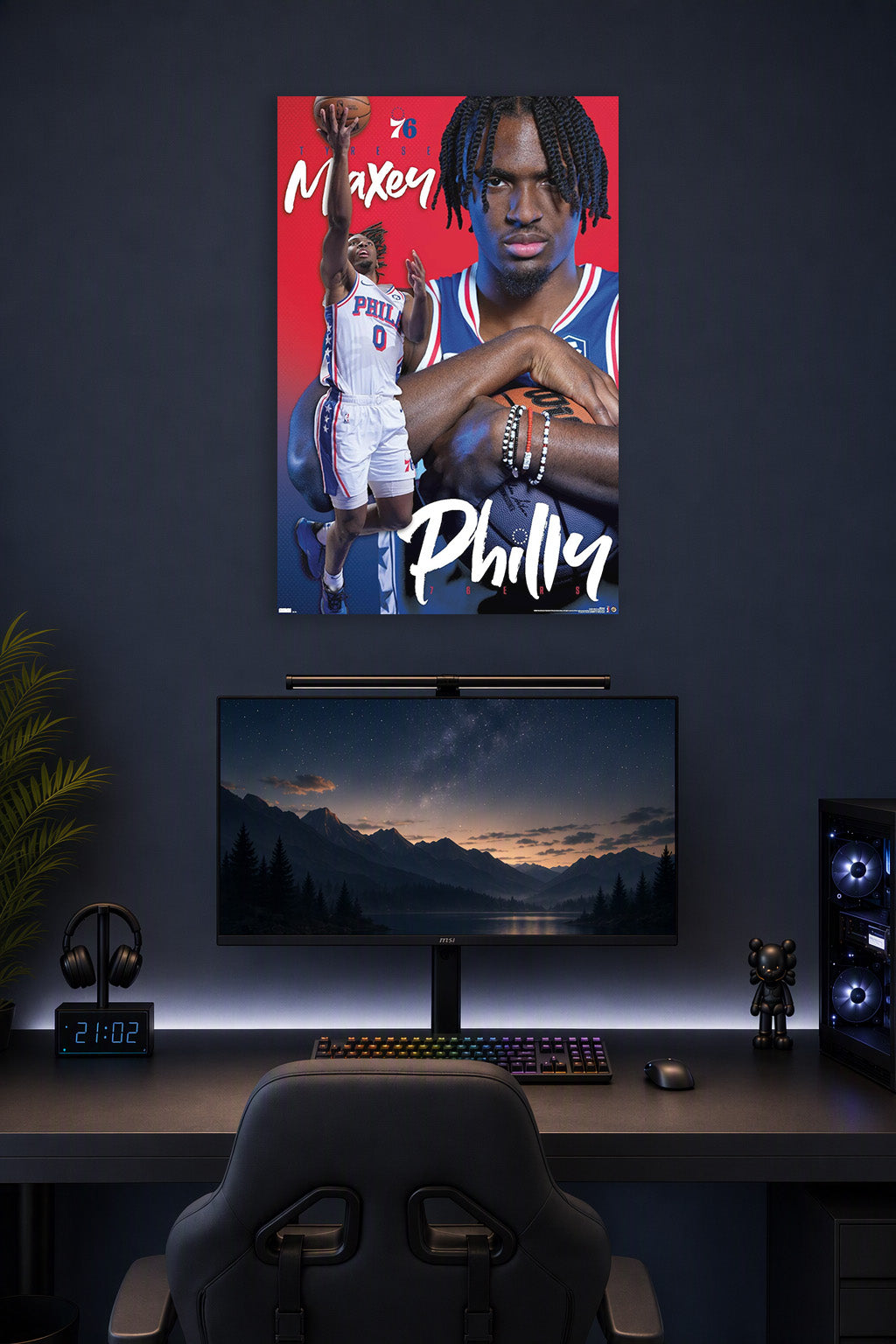Philadelphia 76ers - Tyrese Maxey 24 NBA in a gaming desk setup above a monitor.