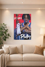 Philadelphia 76ers - Tyrese Maxey 24 NBA in a bright living room above a beige sofa.