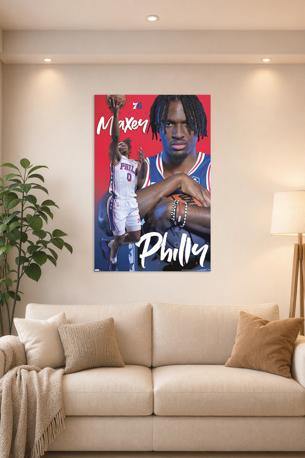 Philadelphia 76ers - Tyrese Maxey 24 NBA in a bright living room above a beige sofa.