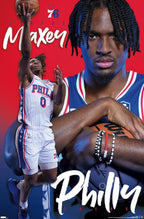 Tyrese Maxey poster features a close-up in a blue 76ers jersey beside an action shot in white, against red and blue.