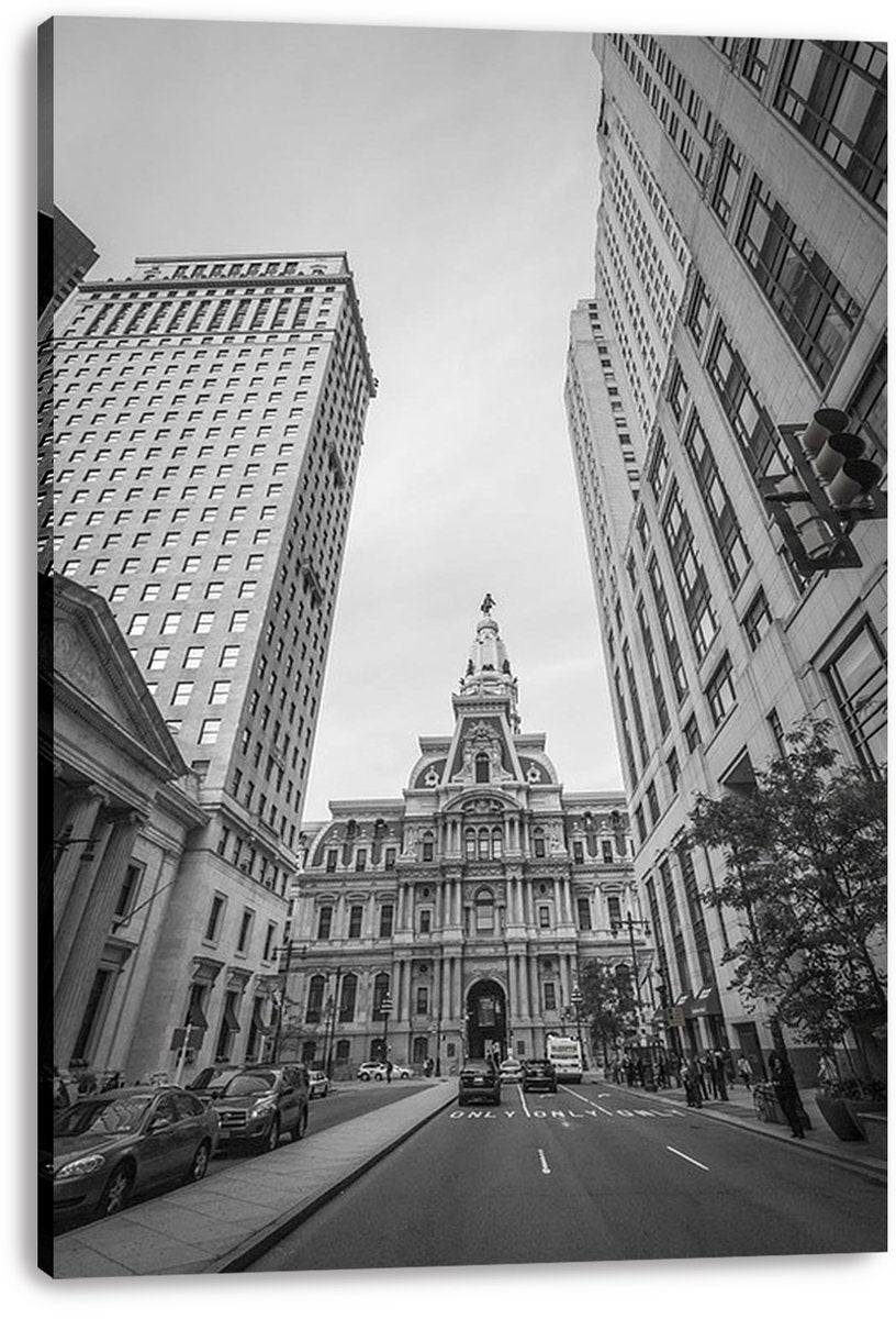 Philadelphia City Hall canvas wall art print in monochrome, depicting the grand civic building beyond cars, pedestrians, and towering offices.