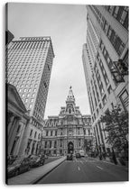 Philadelphia City Hall canvas wall art print in monochrome, depicting the grand civic building beyond cars, pedestrians, and towering offices.