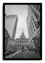 Philadelphia City Hall framed wall art print in black and white, featuring the detailed clock tower above a busy city street and skyscrapers.