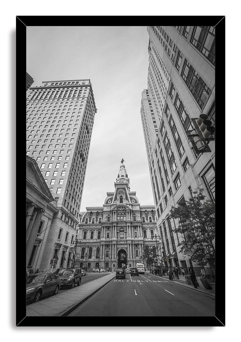 Philadelphia City Hall framed wall art print in black and white, featuring the detailed clock tower above a busy city street and skyscrapers.
