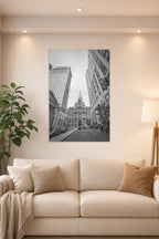 Philadelphia City Hall in a bright living room above a beige sofa.