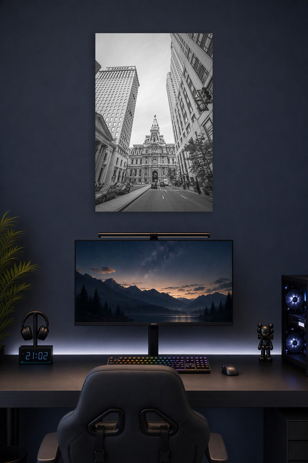 Philadelphia City Hall in a gaming desk setup above a monitor.