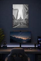 Philadelphia City Hall in a gaming desk setup above a monitor.