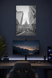 Philadelphia City Hall in a gaming desk setup above a monitor.