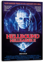 Hellbound Hellraiser II wall art print on stretched canvas features Pinhead in icy blue tones, a glowing puzzle box, and red lettering.