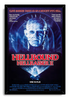 Framed Hellbound Hellraiser II poster features Pinhead's pin-covered face, swirling blue shadows, red title text, and glowing puzzle box.