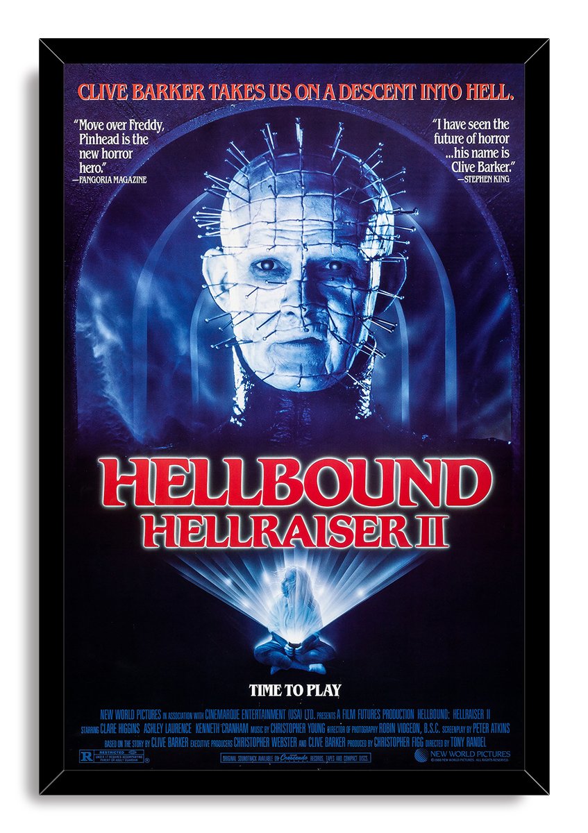 Framed Hellbound Hellraiser II poster features Pinhead's pin-covered face, swirling blue shadows, red title text, and glowing puzzle box.