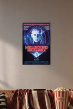 Pinhead Hellraiser II Horror Movie Poster in a cozy movie room above a brown sofa with popcorn.