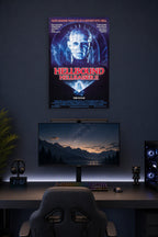 Pinhead Hellraiser II Horror Movie Poster in a gaming desk setup above a monitor.
