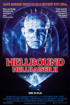 Hellbound Hellraiser II poster features Pinhead's pin-covered face in blue shadows above a glowing puzzle box and red title.
