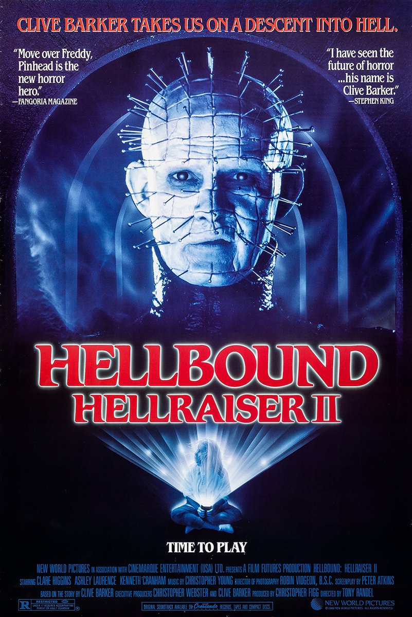 Hellbound Hellraiser II poster features Pinhead's pin-covered face in blue shadows above a glowing puzzle box and red title.