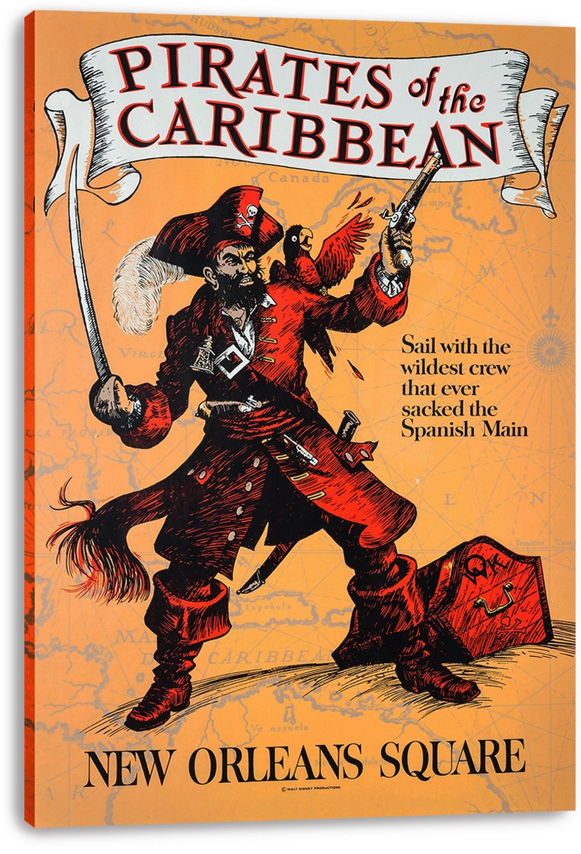 Pirates of the Caribbean canvas wall art print presents a sword-wielding pirate and parrot beneath a scroll title, with orange map detailing.