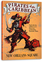 Pirates of the Caribbean canvas wall art print presents a sword-wielding pirate and parrot beneath a scroll title, with orange map detailing.