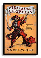 Pirates of the Caribbean framed wall art print displays a pirate raising a pistol beside a parrot and chest, set against a vintage orange map.