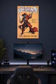 Pirates of the Caribbean Pirate in a gaming desk setup above a monitor.