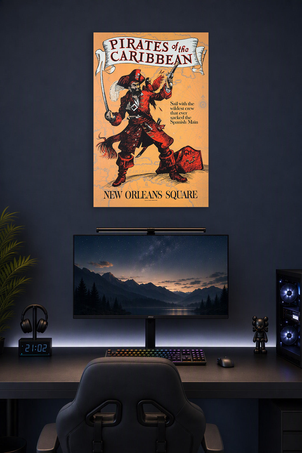 Pirates of the Caribbean Pirate in a gaming desk setup above a monitor.