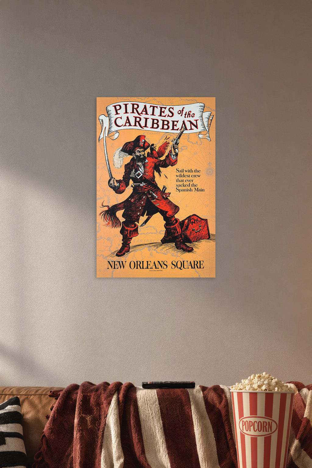 Pirates of the Caribbean Pirate in a cozy movie room above a brown sofa with popcorn.