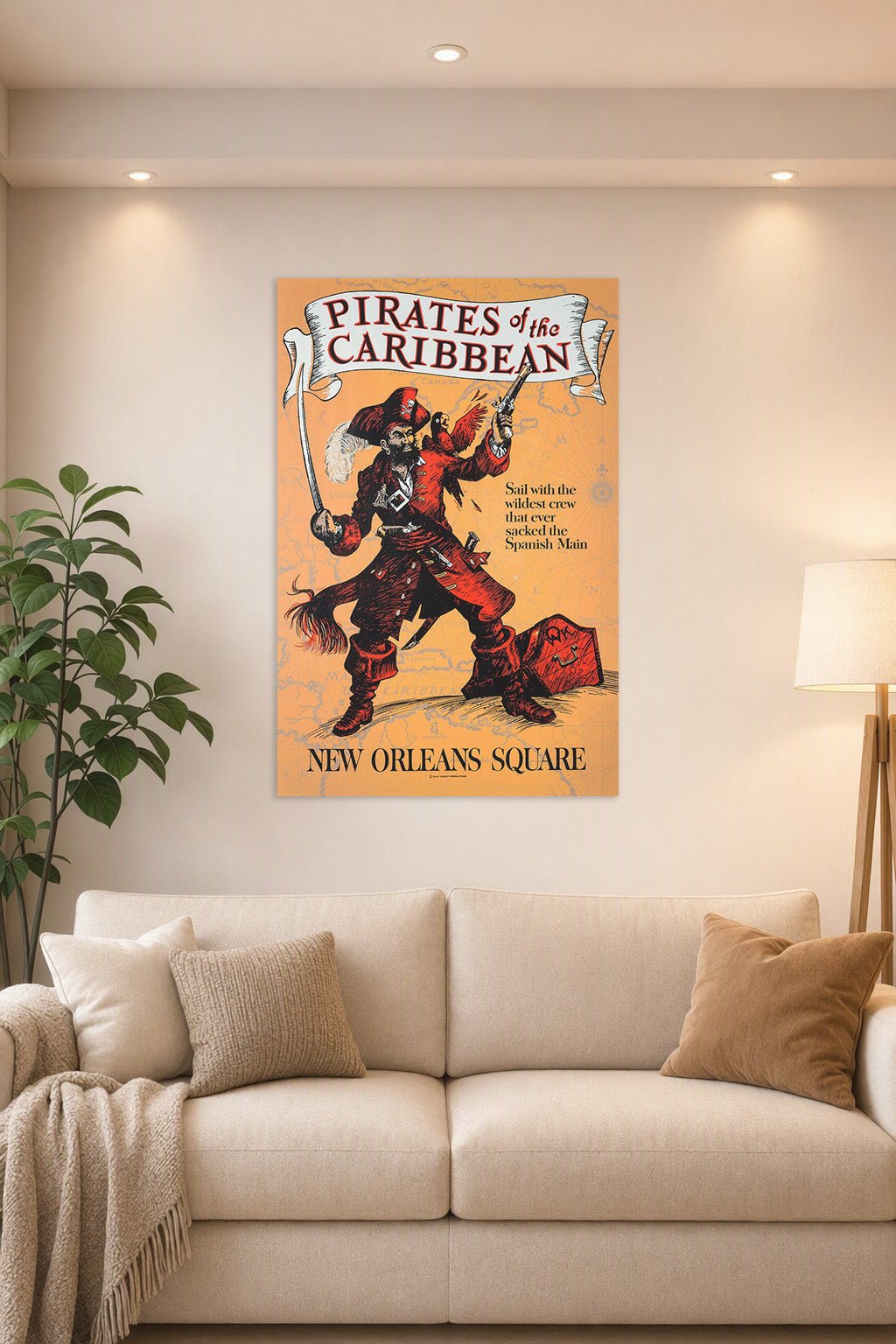 Pirates of the Caribbean Pirate in a bright living room above a beige sofa.