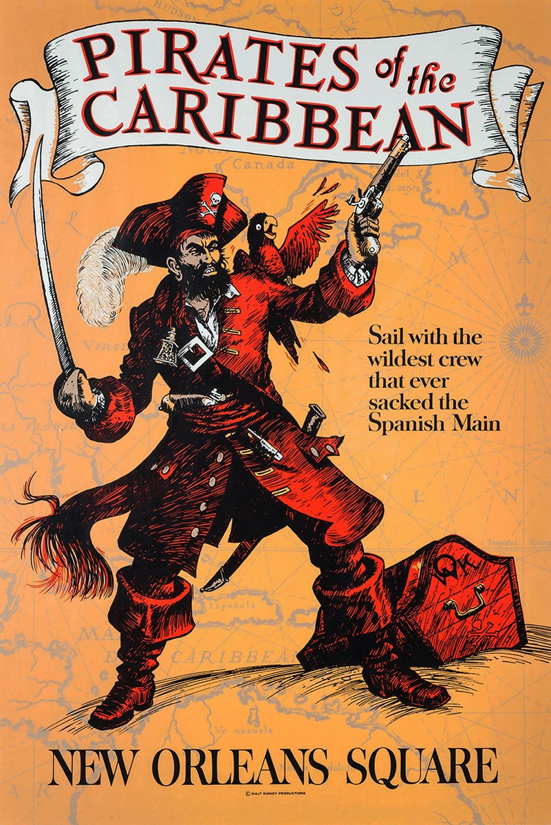 Pirates of the Caribbean poster features a red-coated pirate with cutlass, pistol, parrot, and treasure chest on an orange map backdrop.