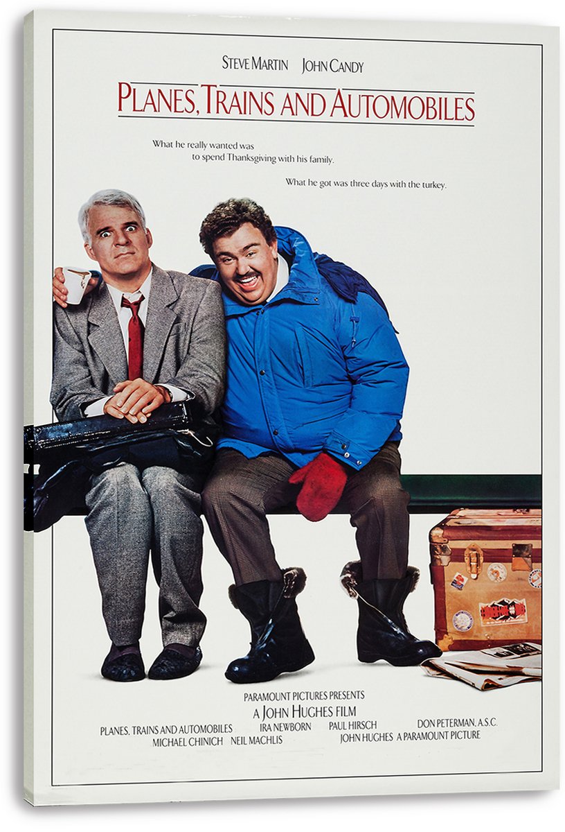 Planes, Trains and Automobiles wall art print on canvas featuring Steve Martin in a gray suit and John Candy in a blue parka.
