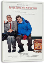 Planes, Trains and Automobiles wall art print on canvas featuring Steve Martin in a gray suit and John Candy in a blue parka.