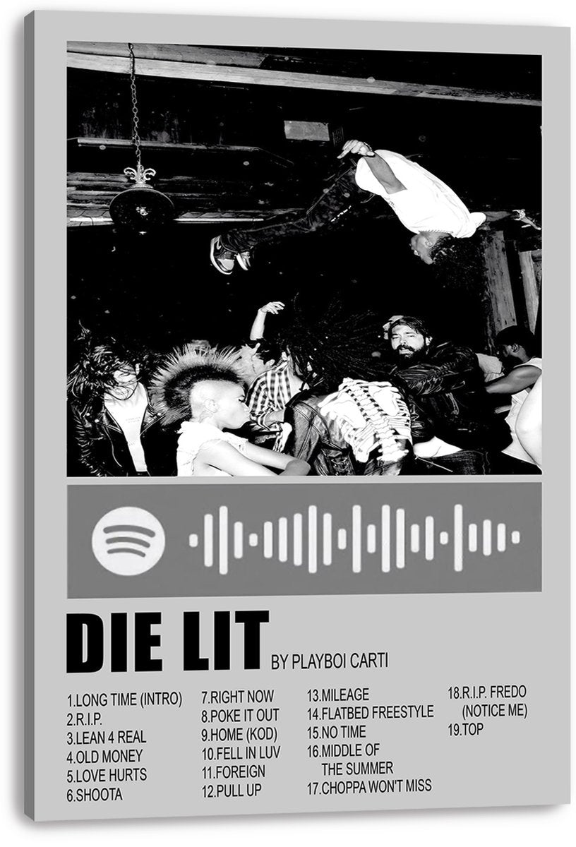 Playboi Carti Die Lit canvas wall art featuring a monochrome crowd-diving scene, Spotify-style code, title, and track list.