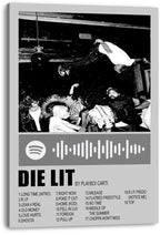 Playboi Carti Die Lit canvas wall art featuring a monochrome crowd-diving scene, Spotify-style code, title, and track list.