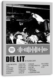 Playboi Carti Die Lit canvas wall art featuring a monochrome crowd-diving scene, Spotify-style code, title, and track list.