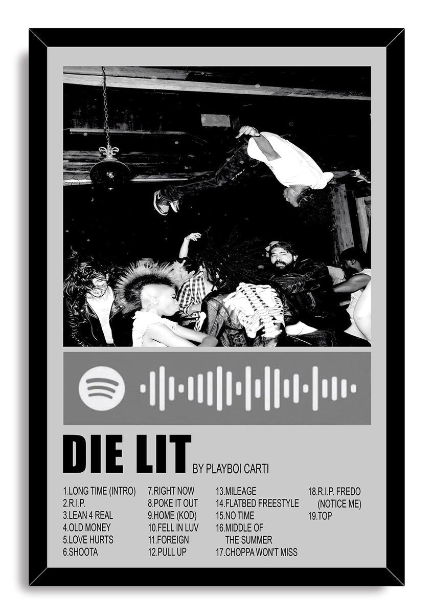Playboi Carti Die Lit framed wall art print with a black-and-white concert dive photo, Spotify-style code, and track listing.