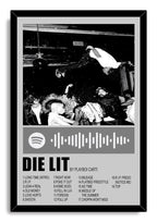 Playboi Carti Die Lit framed wall art print with a black-and-white concert dive photo, Spotify-style code, and track listing.