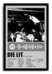 Playboi Carti Die Lit framed wall art print with a black-and-white concert dive photo, Spotify-style code, and track listing.