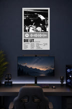 Playboi Carti Die Lit Album Art in a gaming desk setup above a monitor.
