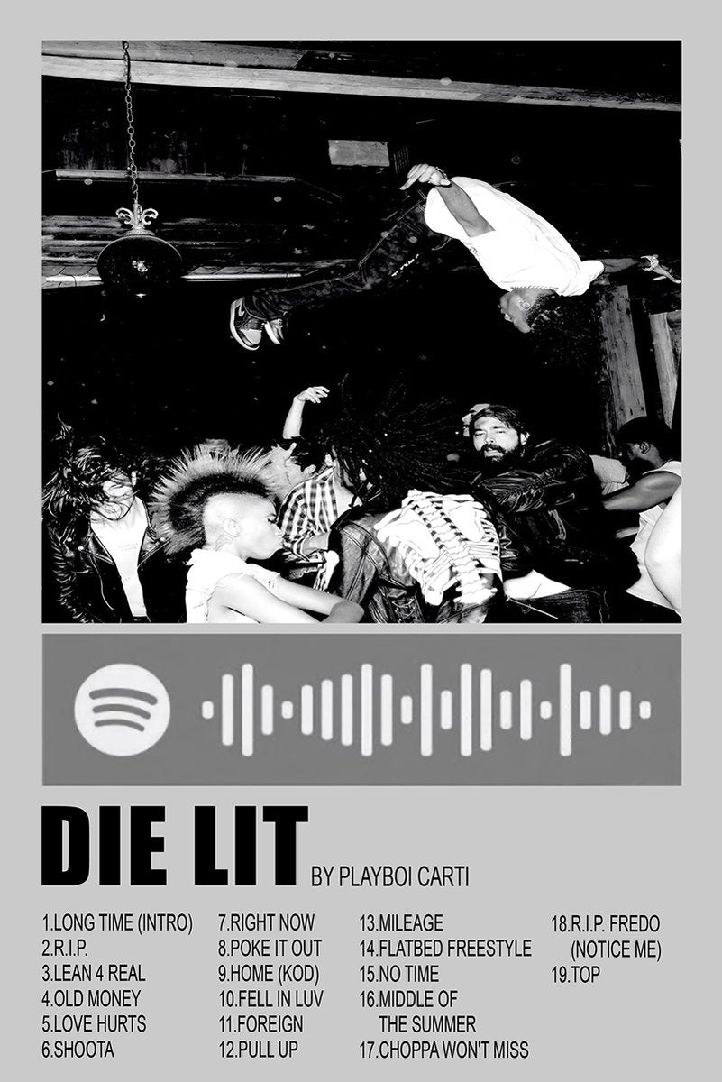 Playboi Carti Die Lit poster with a black-and-white crowd-diving photo, Spotify-style code, album title, and track list.