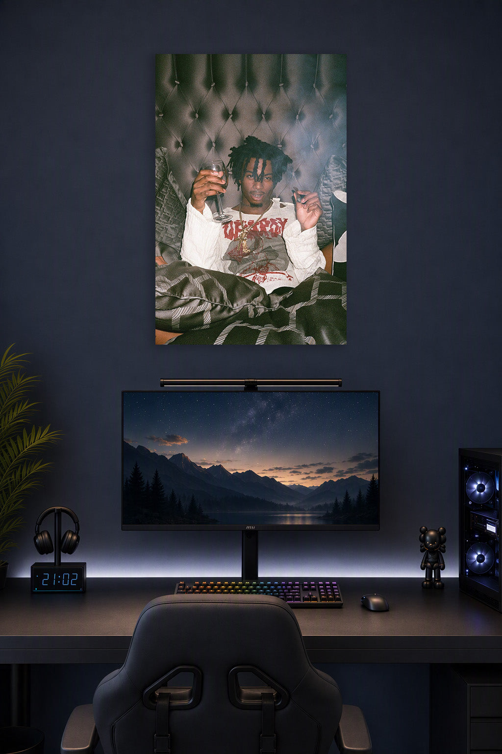 Playboi Carti Poster Musician Concert Tour Rapper in a gaming desk setup above a monitor.