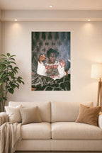 Playboi Carti Poster Musician Concert Tour Rapper in a bright living room above a beige sofa.