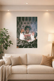 Playboi Carti Poster Musician Concert Tour Rapper in a bright living room above a beige sofa.