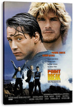 Point Break canvas wall art print displays close portraits of Keanu Reeves and Patrick Swayze over masked figures and ocean surf.