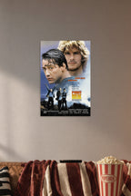 Point Break Movie Poster Keanu Reeves Patrick Swayze in a cozy movie room above a brown sofa with popcorn.