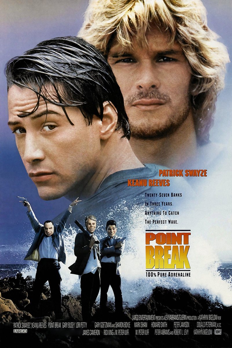 Point Break movie poster features Keanu Reeves and Patrick Swayze above masked robbers, crashing waves, and bold orange title text.