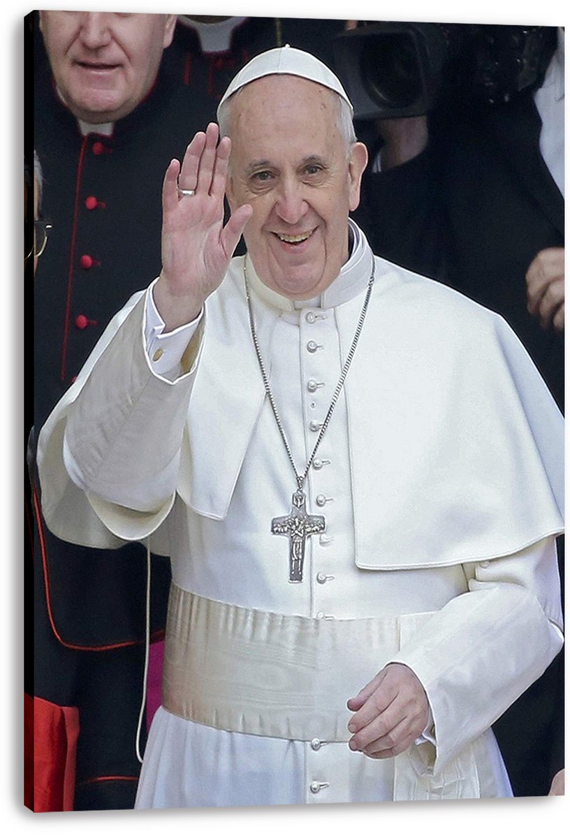 Pope Francis canvas wall art print features the smiling pontiff waving in white robes with a silver crucifix against a dark crowd.