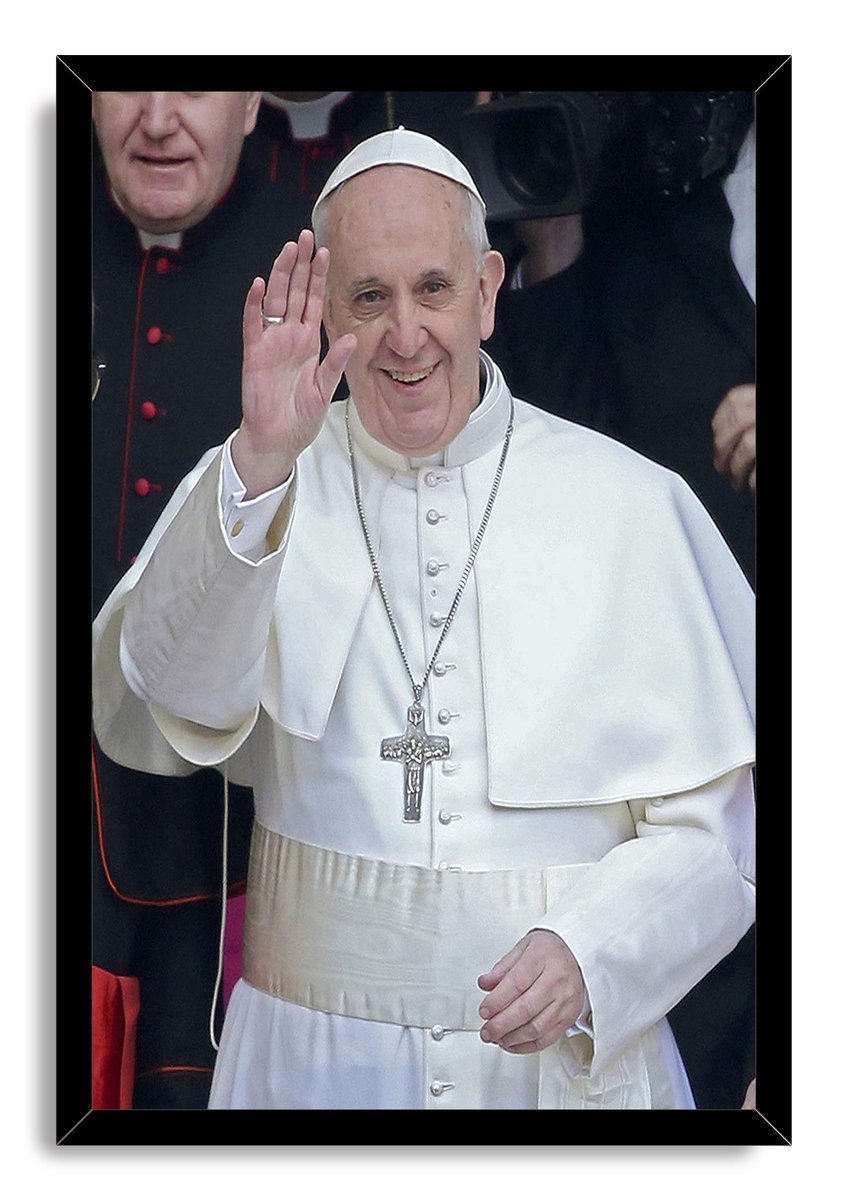Pope Francis framed wall art print depicts the pontiff smiling and waving in white ceremonial attire, bordered by a sleek black frame.